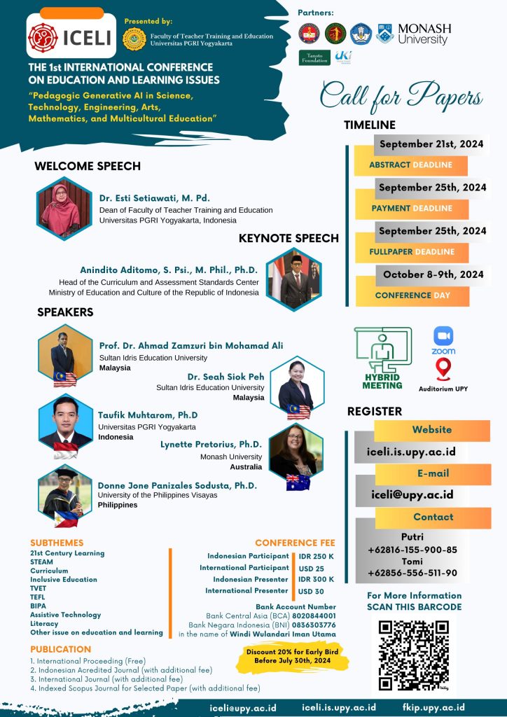 Poster konferensi internasional ICELI 2024 Fakultas Keguruan dan Ilmu Pendidikan Universitas PGRI Yogyakarta.