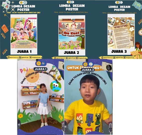 Mahasiswa dan anak-anak peserta Lomba Poster & Puisi 2025 HMP PG PAUD UPY berpose setelah pengumuman pemenang.